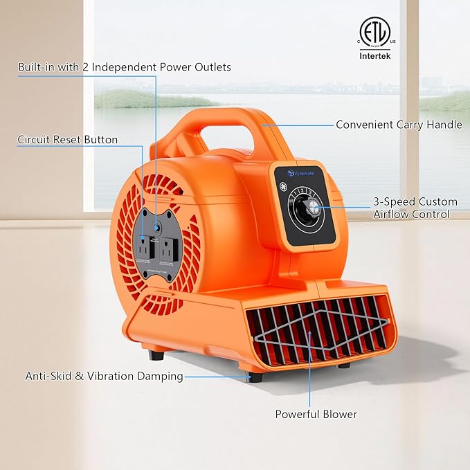 Air Mover Blower Fan, Portable Air Blower, Floor Fan, Carpet Dryer, Floor Dryer, 1/6 HP 600 CFM, 3-Speed, 4 Adjustable Angles, Daisy Chain, Stackable, for Janitorial, Home, Commercial Use, ETL Listed