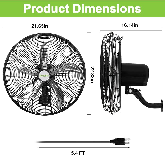 hykolity 20" Oscillating Wall Mount Fan, 5900 CFM High Velocity Wall Mounted Fan with 3 Speeds, Heavy Duty Industrial Wall Fan with Wired Remote for Garage, Commercial and Warehouse