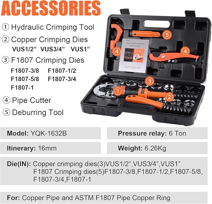 HZLZRZ Pro Press Copper and PEX Pipe Crimper Kit: 8 dies Set with Dies for 1/2" 3/4" 1" Copper Pipe ASTM F1807 PEX Copper Rings (5 Sizes 3/8" to 1"), Professional Tool for Plumbing Systems(YQK/1632B)