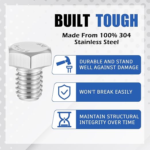 Zonon 50 Pcs 3/8-16 x 1/2" Hex Head Screw Bolt 18-8 (304) Stainless Steel Hexagon Bolts, Fully Threaded, Plain Finish, External Hex Drive (Silver)