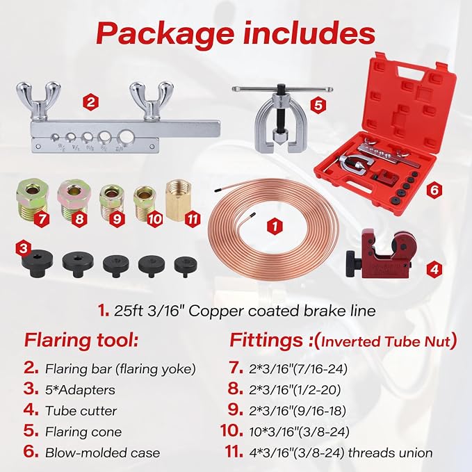 25 ft 3/16'' Copper Coated Brake Line Kit (Includes 16 Fittings and 4 Unions Brake Line Fittings) + Double & Single Flaring Tool Kit for Automotive, Fuel,Hydraulic Systems
