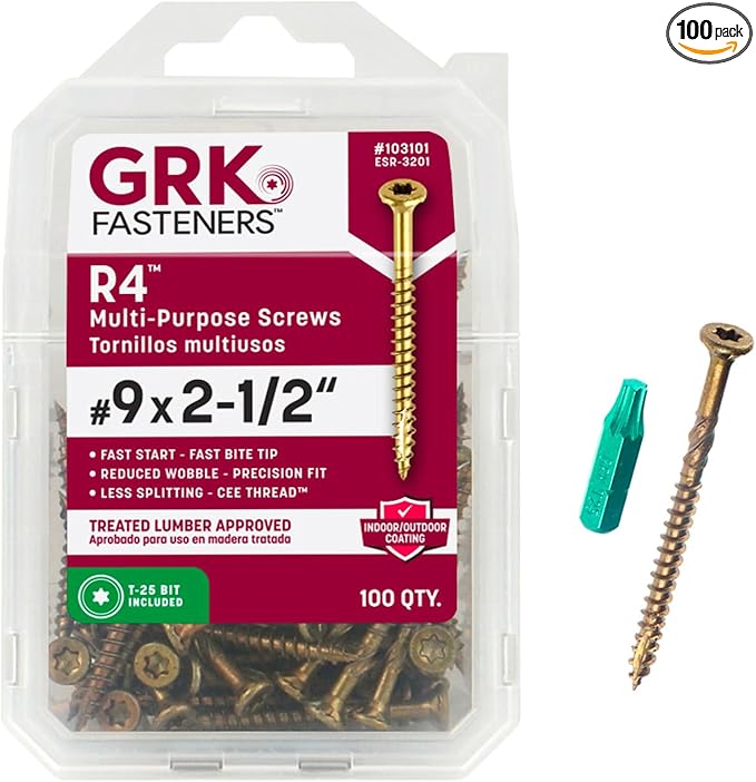 GRK Fasteners R4™ #9 x 2-1/2 Inch, Multi-Purpose Framing Screws, 100 PCS, Rust Resistant Climatek™ Coating, Outdoor Deck Screws, Fast Bite Tip, Star Drive Recess, T-25 Bit Included, Gold
