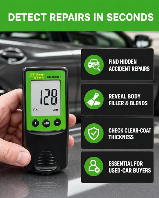 Paint Thickness Gauge CM-8801FN for Cars – Digital Coating Thickness Meter, Auto Fe/NFe Detection, 1 μm Resolution, 0–1250 μm (0–49 mils), ±(3%+2 μm) Accuracy, Automotive Inspection Tool
