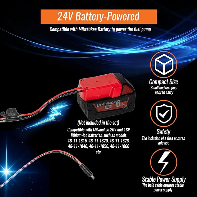 24V 30GPH Fuel Transfer Pump Set with Patented Pulley Lead Pipe & Battery Adapter, Compatible with Milwaukee M18 Battery, for Vehicles, Boats (30GPH 24V, Pump with Red Adapter)