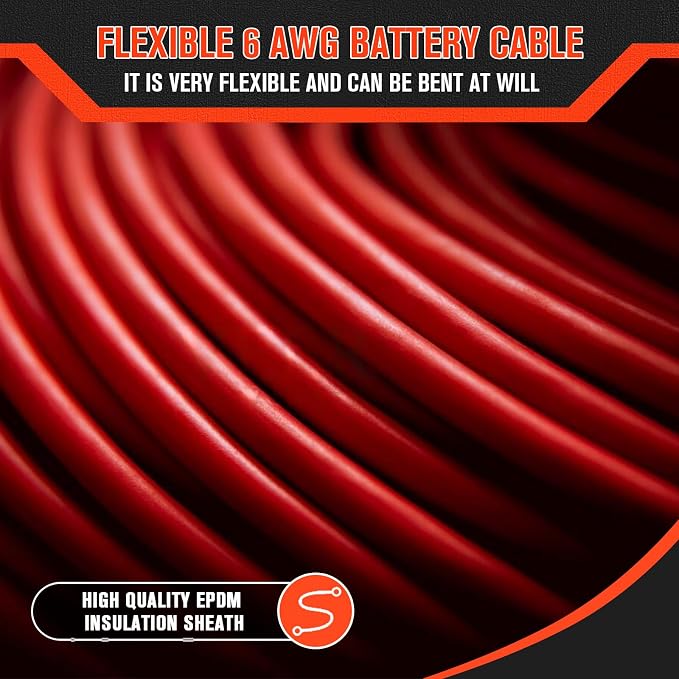 6 Gauge Wire 6 Awg Wires 10FT Black + 10FT Red, 6 Gauge Battery Cable 6awg Marine Wires, 6awg Copper Wire Welding Cable Standard with Cable Lugs Terminal Connectors and Heat Shrink Tube
