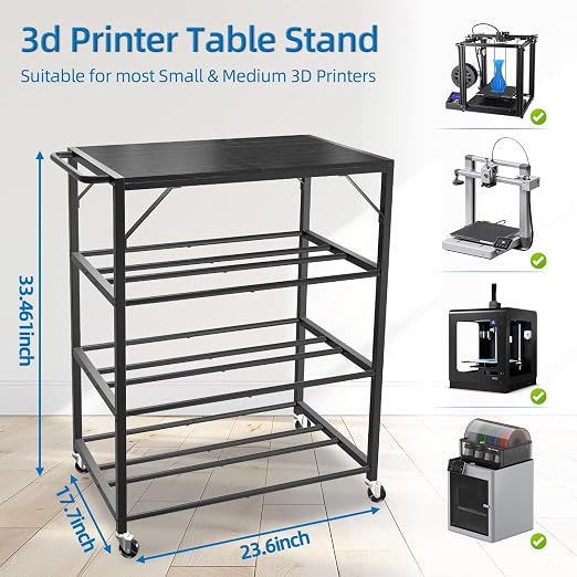 3D Printer Stand with Filament Storage Rack - 3D Printer Table Rolling Printer Cart on Wheels, Heavy Duty Metal Filament Spool Holder Organizer, 3D Printing Workstation for 48 Filament Spools (Black)