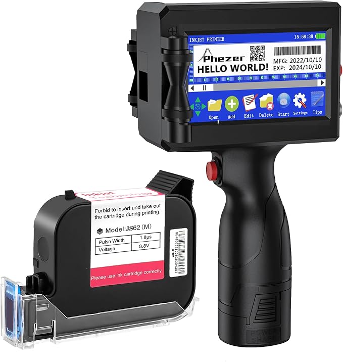 Phezer Handheld Inkjet Printer Gun P15U with Quick-Drying Ink Cartridge, 0.5inch/12.7mm Nozzle Portable Handheld Printer for Text/Barcode/Logo/QR/Counter/Number/Date (with JS62 Cartridge)