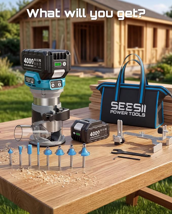 SEESII Cordless Wood Router, 21V Brushless Compact Palm Router with 2×4.0Ah Battery, Aluminum Base, LED Display, Dust Extraction, 6-Speed Adjustment & 8PCS 1/4"Router Bits, Trimmer for Woodworking