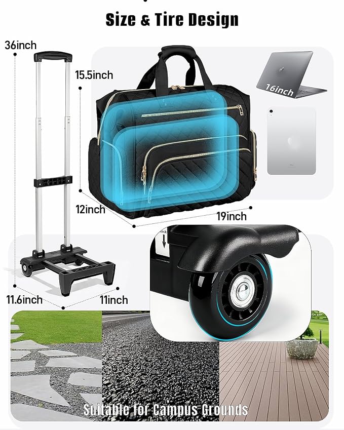 Rolling Teacher Bag, 16 Inch Rolling Laptop Bag with Detachable Dolly & Teacher File Tote, Large Roller Briefcase for Teaching Office Work, Women, Craft Nurse, Black