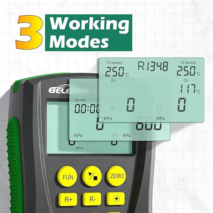 BELEY Digital Manifold HVAC Gauge Set,93 Refrigerants Dual Pressure&Temp Test with Temperature Clips and Hoses Vacuum AC Gauges for R1234YF R134A R404A R410A R32 R744（CO₂）