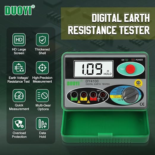 DUOYI Digital Earth Ground Resistance Tester,0-2000 ohm Meter Earth Resistance Tester,Overload Protection AC Ground Voltage Meter with 6Pcs 1.5V Battery,Tool Bag