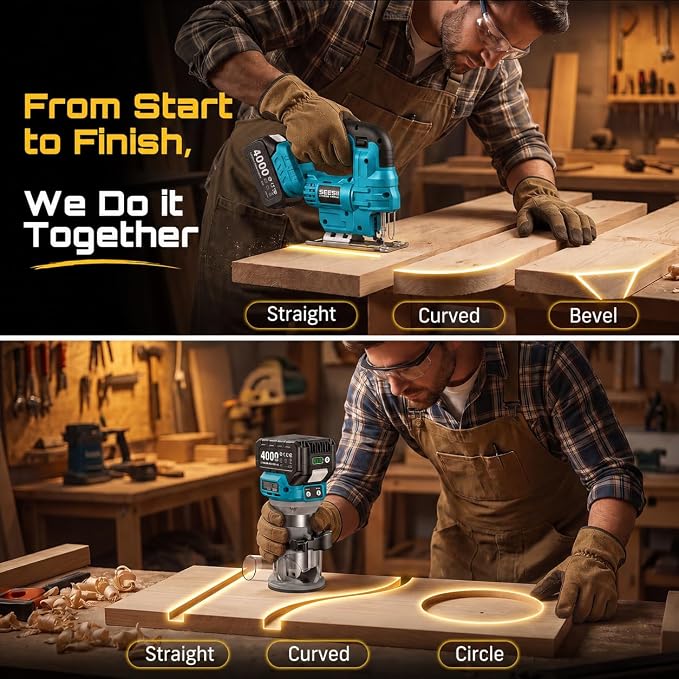 SEESII Cordless Jigsaw and Wood Router Tool for Combo Kit | with Batteries and Charger, Brushless, Aluminum Palm Router, 0-45° Bevel Jig Saw, Adjustable Speed for Cutting & Trimming