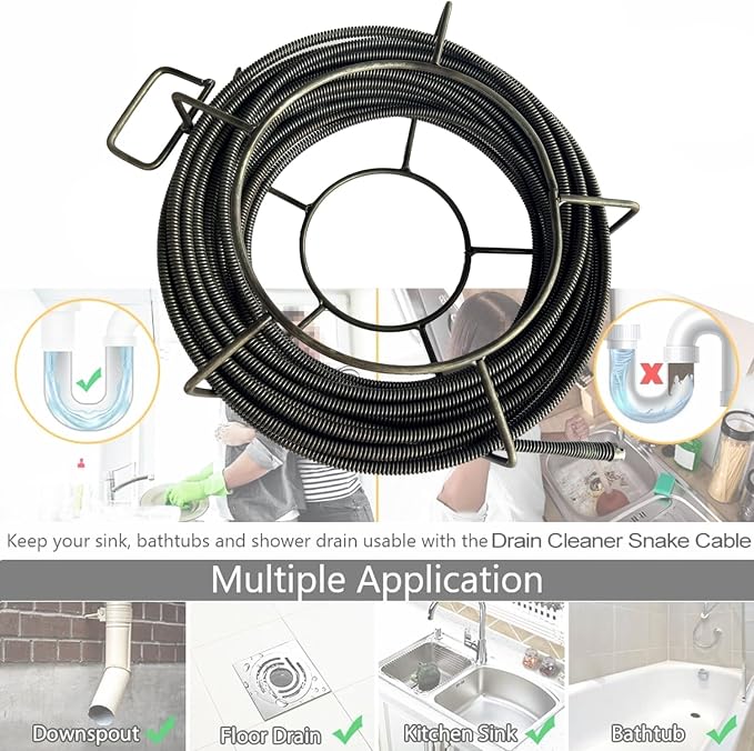 Drain Cleaning Cable 1/2 inch x 50 ft, Hollow Core Steel Sewer Cable with 8 Cutter for 2" to 4" Pipes, Sewer Auger Cleaner Cable for Sink, Floor Drain, Toilet (50 Feet x 1/2 Inch)
