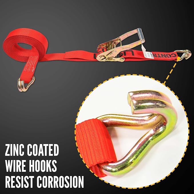 US Cargo Control J Hook Ratchet Straps 2 Inch x 18 Foot (12-Pack), 10,000 LBS Break Strength, Heavy Duty Ratchet Straps with Double J-Hooks, Red Tie Downs for Trucks, Trailers, Securing Cargo