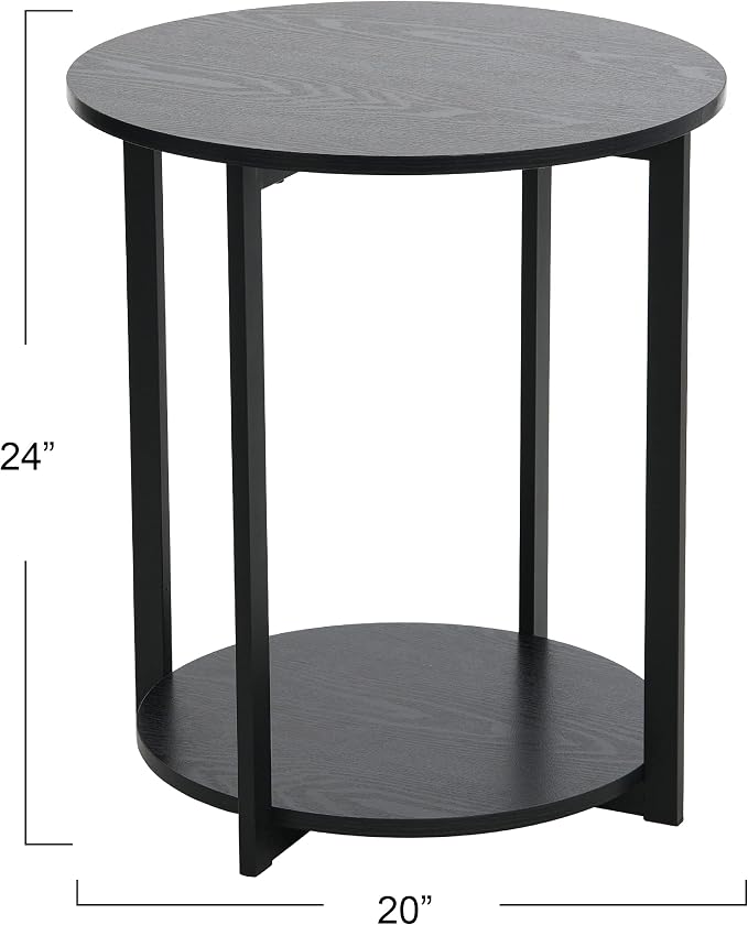 Household Essentials Jamestown Round Side End Table with Storage Shelf Black Oak Wood Grain and Black Metal