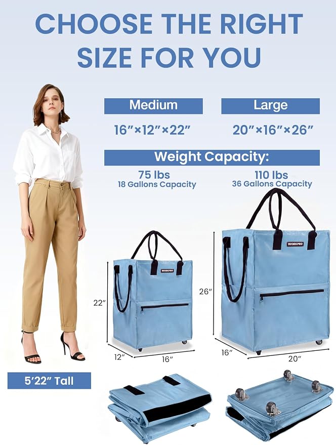 WORKPRO Medium Rolling Grocery Bag, 18-Gallon Tote with 4 Wheels, 75 lbs Capacity, Dual Carry, Wide Zipper & Extra Storage for Shopping, Laundry & Moving