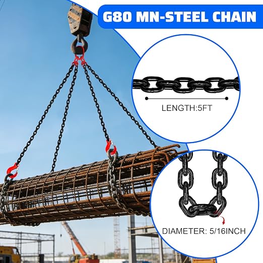6 Ton Chain Sling 5/16 Inch x 5 Ft G80 Alloy Steel 4 Way Chain Slings Quadruple Leg Slings Lifting with 4 Safety Grab Hooks Lifting Slings Engine Chain Hoist Lifts