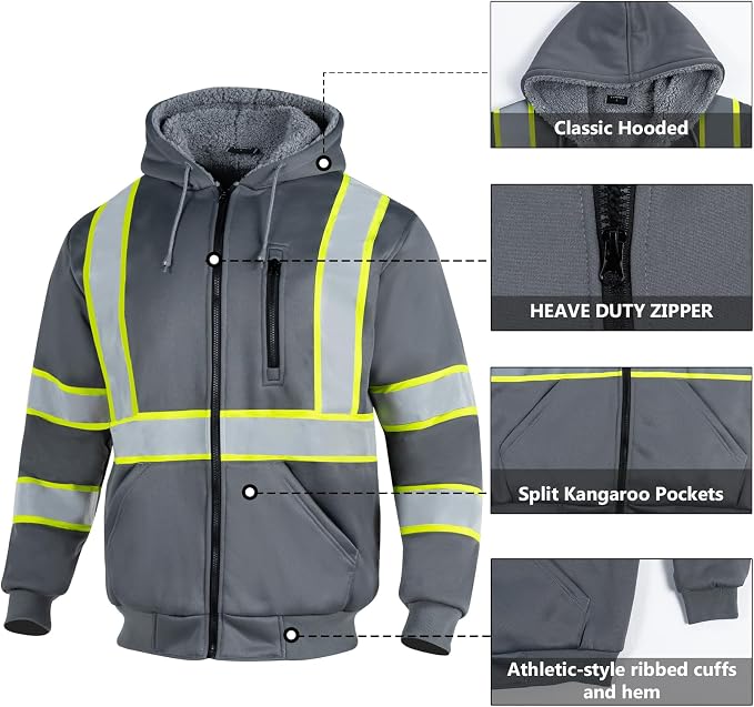 VENDACE Men's ANSI Class 3 High Vis Safety Reflective Sweatshirt Wool Fleece Zipper Jacket Hoodie (Grey,2XL)