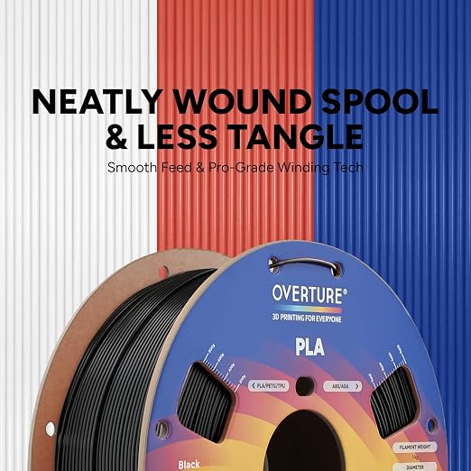OVERTURE PLA Filament 1.75mm, Neatly Wound 3D Printer Filament 1kg Spool (2.2lbs), Dimensional Accuracy +/- 0.02 mm, Fit Most FDM 3D Printers (Black 1-Pack)