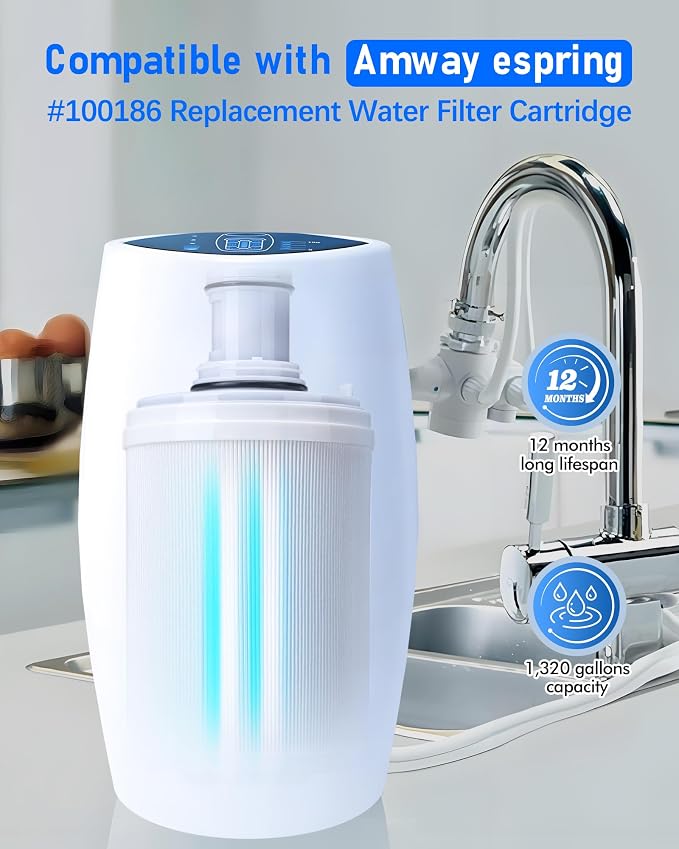 100186 Water Filter Replacement Cartridge + Pre-Filter Compatible with Amway espring Water Filter System, 4X Filtration Efficiency, 3-in-1 Improve Tap Water Taste