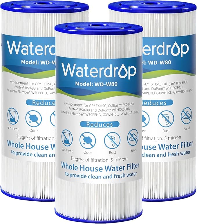 Waterdrop FXHSC Whole House Water Filter, Replacement for American Plumber, W10-PR, Culligan® R50-BBSA, GE ®FXHSC, GXWH40L, GXWH35F, 5 Micron, 10" x 4.5", High Flow Sediment Filters, Pack of 3