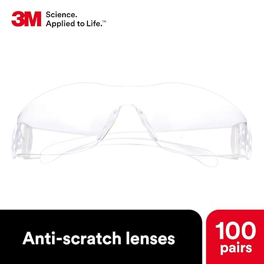 3M Safety Glasses, Virtua, Pack of 100, ANSI Z87, Unisex, Clear Hard Coat Lens, Clear Frame, Economical Eye Protection, Lightweight, Wraparound Coverage, UVA, UVB, UVC