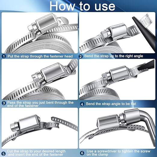 304 Stainless Steel Hose Clamp Assortment Kit,DIY 12FT Metal Strap + 8 Stronger Fasteners,Adjustable Large Worm Gear Hose Clamps Screw Clamps for Pipe,Duct,Tube,and Fuel Line