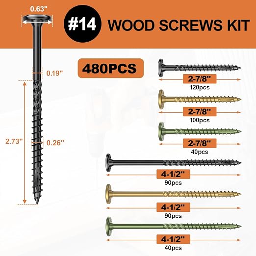 #14 Heavy-Duty Wood Screws Assortment Kit, 480Pcs Star Drive Decking Wood Screws, Rust Resistant Timber Screws for Log/Landscaping Wood (2-7/8",4-1/2") Black, Tan, Green
