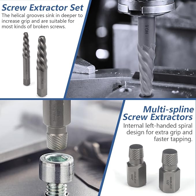 MABLEVI 55-Piece Screw Extractor Set, Broken bolt extractors & Multi-spline Extractors, and Drill Bits for Removing Stripped Screws, Studs, Fittings, Lugs Extraction