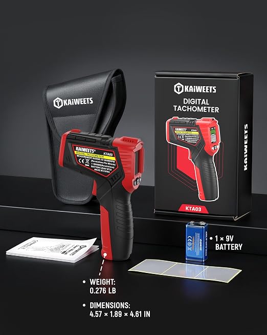 KAIWEETS Laser Tachometer Digital RPM Meter Non Contact Motor Speed Tester 10-99999 RPM, Handheld Tachometer with Large LCD Display, Max Min Memory, Reflective Tape for Engines Motors Fans