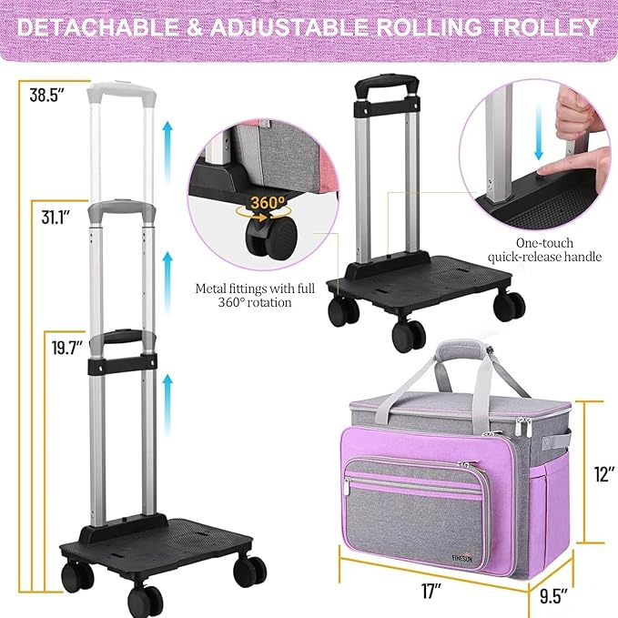 FINESUN Sewing Machine Case with Wheels, Rolling Sewing Machine Bag, Universal Craft Storage Bag for Brother Singer Janome and Most Embroidery Machine Carrying Tote Bag Purple