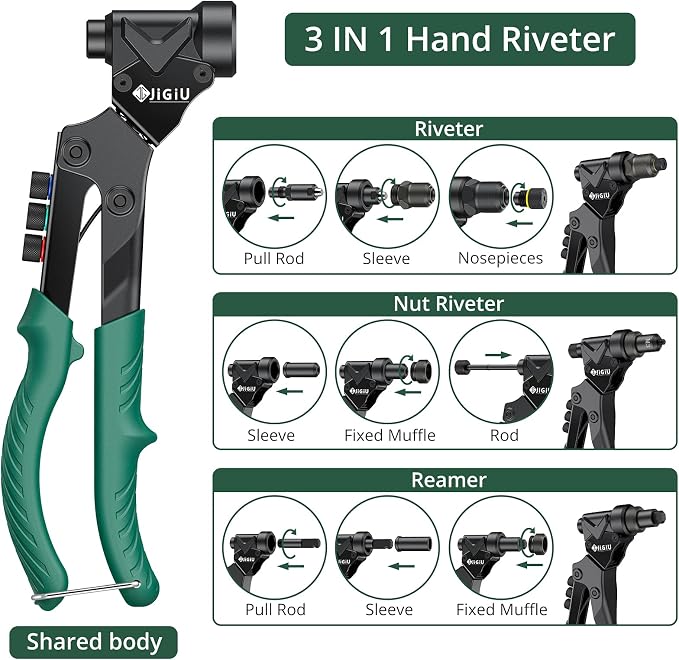JiGiU 3 in 1 Rivet Gun Kit, Rivet Nut Tool Manual Pop Rivet Gun Tool Multi Size with 4 Mandrels, 4 Rivet Head & 2 Reaming Mandrels, 360° Swivel Head for Metal, Automotive, Sheet Metal, DIY Repair