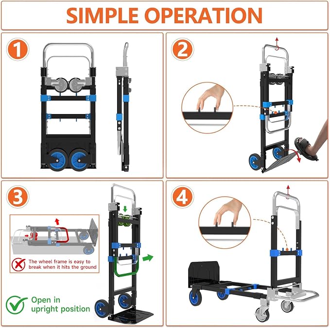 3 in 1 Heavy Duty Folding Hand Truck, Convertible Portable Steel Dolly with Telescopic Handle, Foldable Utility Cart with Rubber Wheels, 500 LBS