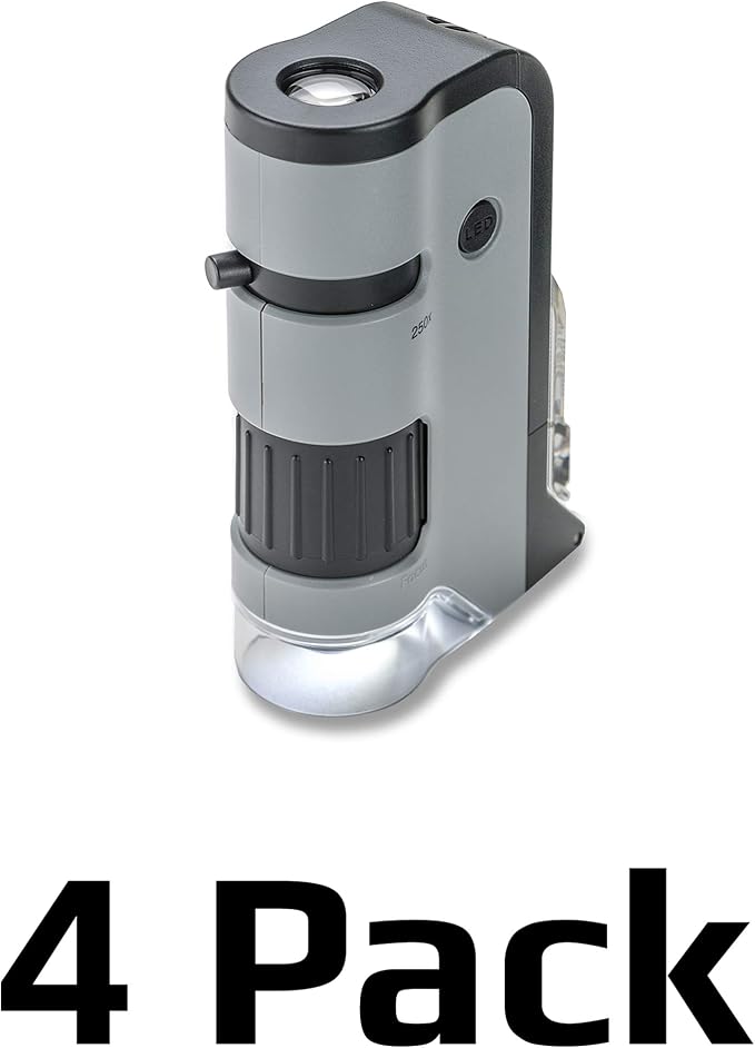 Carson MicroFlip 100x-250x LED and UV Lighted Pocket Microscope with Flip Down Slide Base and Adapter with CarsonCam Phone App - Set of 4 (MP-250MU)