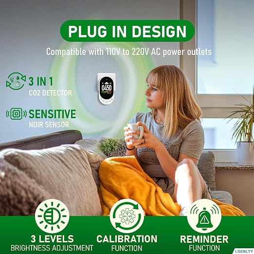 LSENLTY Upgraded CO2 Detector Plug in Wall Design, 3 in 1 Air Quality Detector(Temp, Humidity and CO2 Value), High Accuracy CO2 Meter with Threshold Reminder and Manual Calibration for Home 2 Pack
