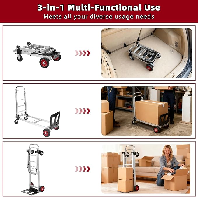 Aluminum 3-in-1 Folding Hand Truck, 500Lbs Heavy Duty Dolly Cart with 2 Large 6-Inch Quiet Rubber Wheels, 2 360° Swivel Wheels, 2 Bungee Cords, Portable Dolly for Home, Office, Warehouse, Packages