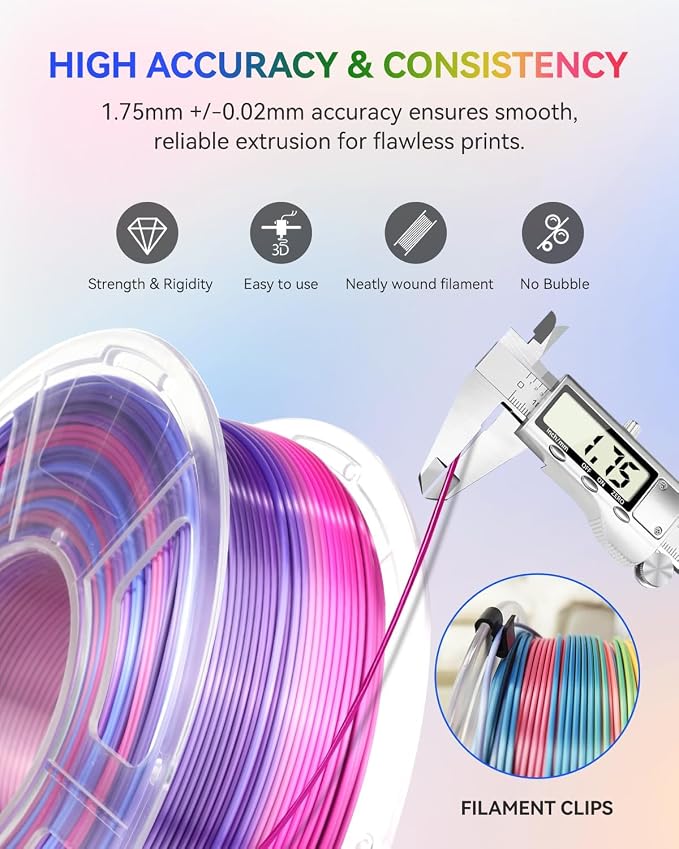 JAYO Silk Rainbow PLA Filament 1.75mm 1.1kg, Multicolor Gradient Shiny PLA, Color Changes Every 8 Meters in Blue-Purple-Magenta, High Gloss Smooth Finish, Fits for Most FDM 3D Printers