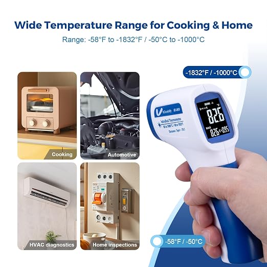 Ring Laser DS20:1 Infrared Thermometer Temperature Gun with Meat,Thermal Gun with Adjustable Emissivity&High/Low Alarm,±1% Accuracy,-58~1832℉ IR Temp Gun with Reverse Display for Food HVAC