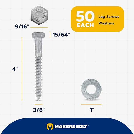 3/8 x 4 (50 Pack) Lag Screw Kit, 50 Screws and 50 washers, Hot Dip Galvanized, Meets ASME B18.2.1 Industrial/Commercial Grade by Makers Bolt