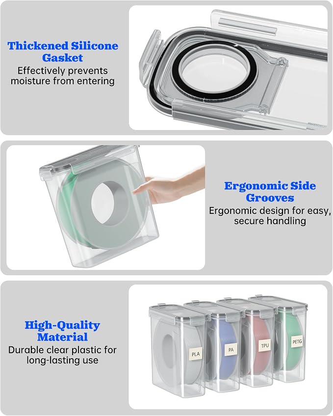 Filament Storage Box 6 Pack — Airtight 3D Printer Filament Container with Silicone Seal & 4 Locking Buckles, Water-Proof Dust-Proof Clear Dry Box for 1KG PLA PETG ABS TPU Spool, Stackable Organizer | Airtight silicone gasket and locking clips protect 1...