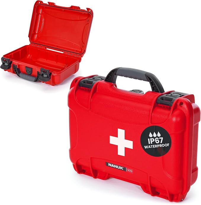 NANUK 909 Waterproof First Aid Box Empty – Durable, Medical First Aid Organizer Case, IP67-Rated, Dustproof, Impact-Resistant, and Floats (11.4" x 7.0" x 3.7") – Red | IP67 Waterproof and Dustproof, Nk-7 Resin Shell, Powerclaw Latches, Interior 11.4 X ...