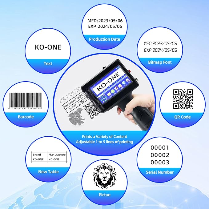 KOONE Handheld Inkjet Printer, 0.5 Inch Nozzle, Portable Inkjet Printer Gun for Text QRCode Barcode Production Date Time Logo Batch Number Print on Metal Wood Glass Cloth Carton Plastic (Black)