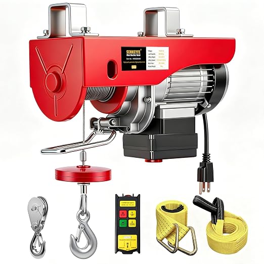 Electric Hoist 440LBS, 110V 510W Electric Winch with Wireless Remote Control,Single/Double Cable Lifting Height 39.4ft/20ft, 110V Electric Lift with Emergency Stop for Factories