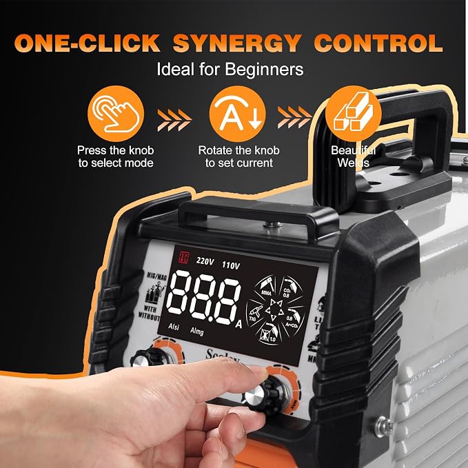 5-in-1 MIG Welder 110V/220V, 180A Aluminum Welder/Gas MIG/Flux Core Welder/Lift TIG/Stick Welding Machine with IGBT Inverter Synergic Control, Large Digital Display, Welding Gloves & Mask