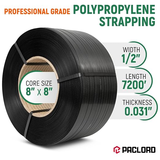 1/2" x 7200' Heavy-Duty Polypropylene (PP) Strapping Coil 0.031" Thick | 0.031" Thick Banding Strap, 8" x 8" Core, 600 lbs Break Strength - For Bundling and Packaging - Flexible, Weather Resistant
