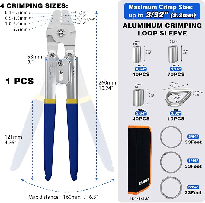 Sanuke Wire Rope Crimping Tool for 3/64 5/64 1/16 Wire Rope with 304 Stainless Steel Cable 3 Sizes 33FT and 150pcs Sleeves Stops, 10pcs Thimble
