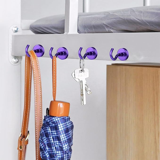 MIKEDE Magnetic Hooks 50Lbs+ Heavy Duty Magnet Hooks for Cruise Cabins | Super Neodymium Hanging Hooks Strong Magnets with Hook for Fridge, Magnetic Hanger for Grill Toolbox Storage Purple 4 Pack