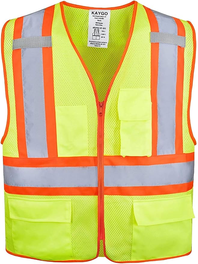KAYGO Reflective High Vis Safety Vest with Pockets for Men and Women KG0100 | Breathable Polyester Lightweight, Two-Tone, ANSI Class 2, for Construction, Warehouse, Surveying, Cycling, Machine Washable