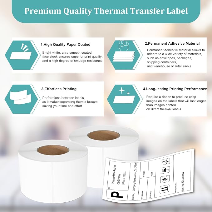 Industrial Thermal Transfer Labels 4x6 for Barcode Shipping, Ribbon Required, 3 Inch Core, 2 Rolls/Case 1000 per Roll, Perforated, Compatible with Thermal Transfer Printers