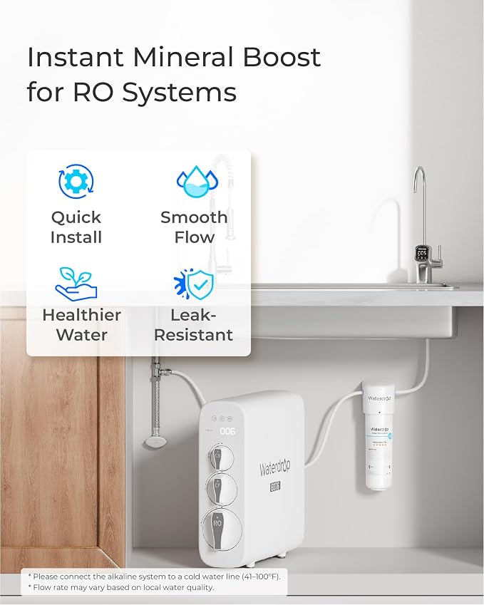 Waterdrop ALK16 Alkaline Water Filter System for Sink, Mineralizing Water | 3/8" Quick Connect, Compatible with G3 Series & G5 Series & K6 RO Systems, NSF/ANSI 372 Certified, Under Sink Installation